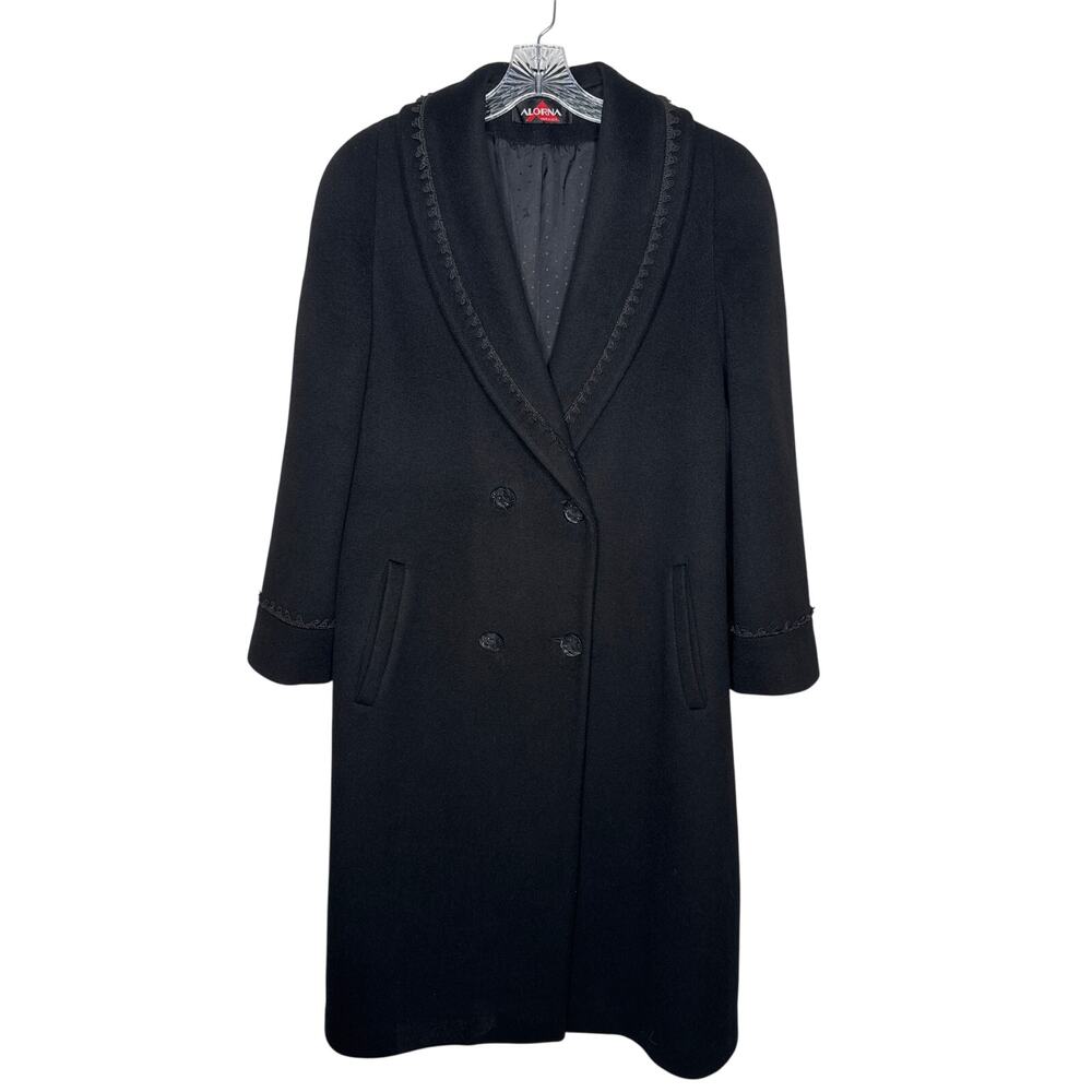 VTG Alorna Black Wool Coat Forstmann Trimmed Shawl Collar double breasted USA M